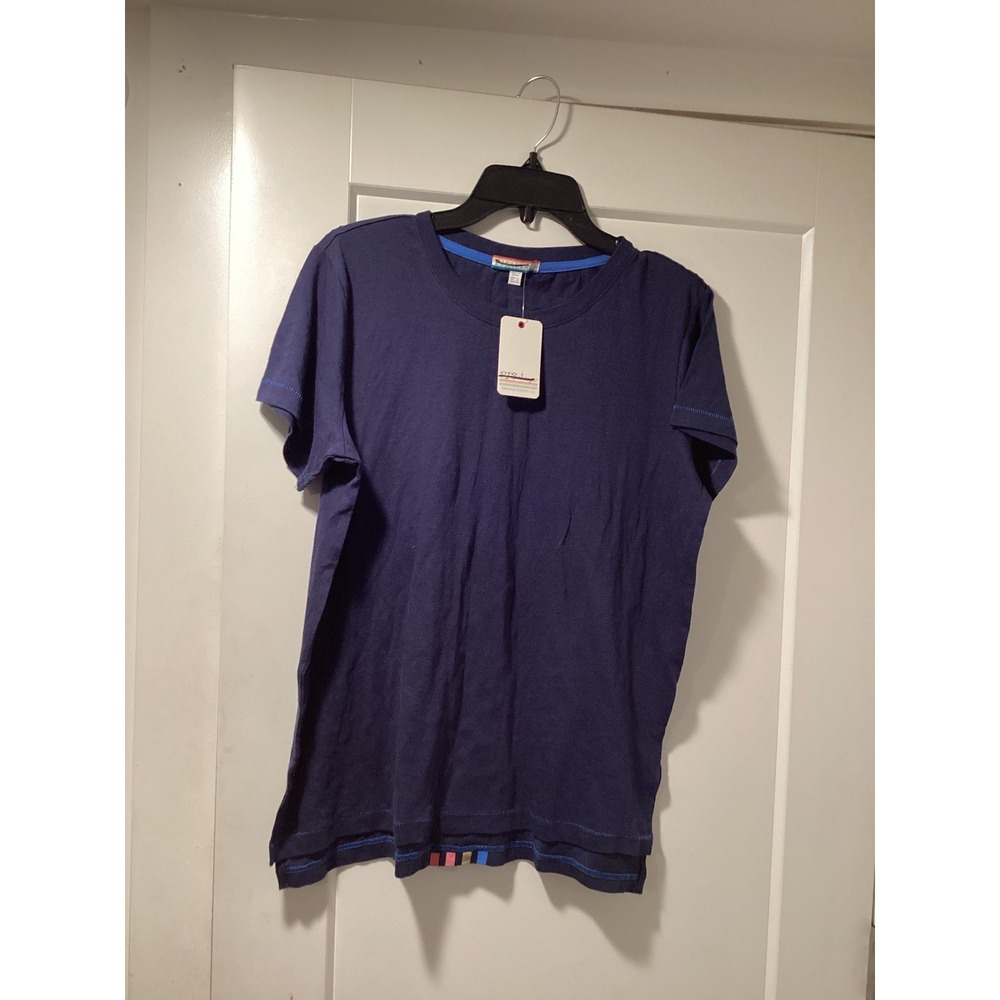 PJ Salvage Navy Blue Rainbow Stripe Back T-Shirt Lounge Top RO2SDT Womens Medium